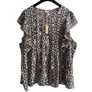 Max Studio Top Womens 3X Blue‎ Floral Pleated Chiffon Popover Tunic Lightweight